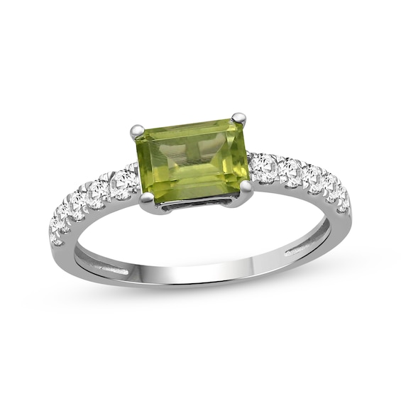 Emerald-Cut Peridot & White Lab-Created Sapphire Ring Sterling Silver