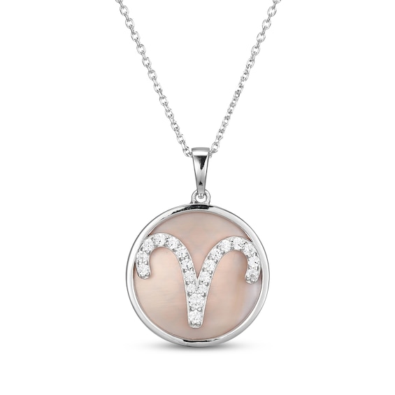 White Lab-Created Sapphire & Pink Mother of Pearl "Aries" Necklace Sterling Silver 18"