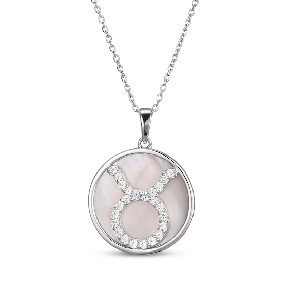 White Lab-Created Sapphire & Pink Mother of Pearl "Taurus" Necklace Sterling Silver 18"