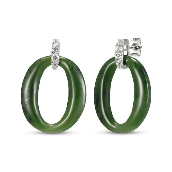 Nephrite Jade & White Topaz Loop Drop Earrings Sterling Silver