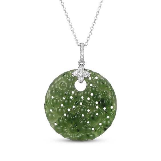 Nephrite Jade & White Lab-Created Sapphire Textured Disc Necklace Sterling Silver 18"