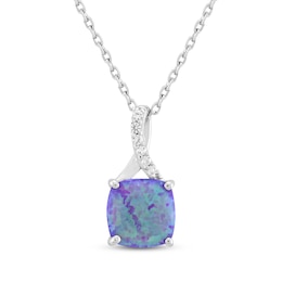 Cushion-Shaped Lavender Lab-Created Opal & White Lab-Created Sapphire Necklace Sterling Silver 18&quot;