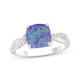 Cushion-Shaped Lavender Lab-Created Opal & White Lab-Created Sapphire Ring Sterling Silver