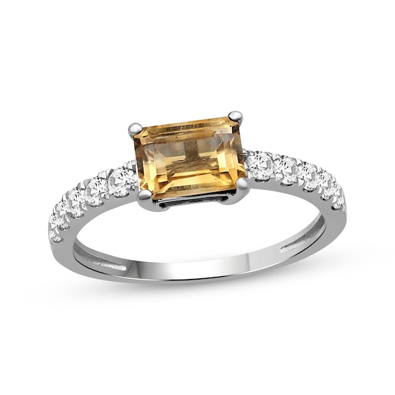 Emerald-Cut Citrine & White Lab-Created Sapphire Ring Sterling Silver