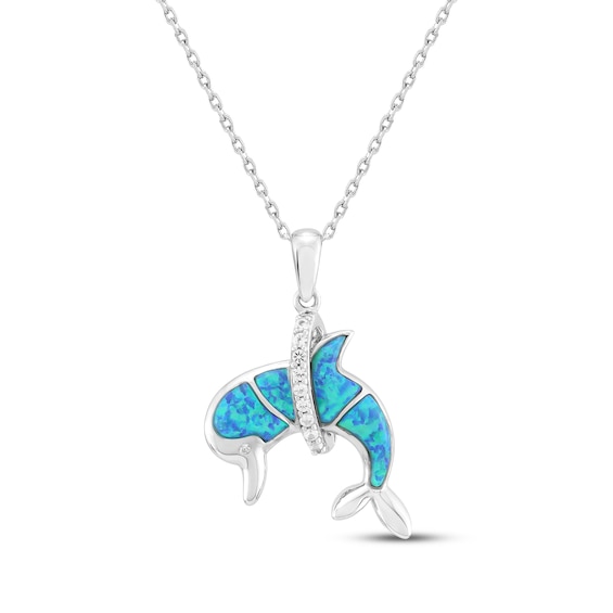 Blue-Green Lab-Created Opal & White Lab-Created Sapphire Dolphin Necklace Sterling Silver 18"