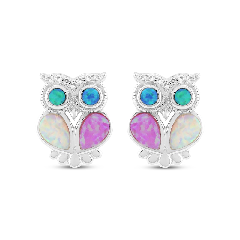 Pink, White & Blue-Green Lab-Created Opal, White Lab-Created Sapphire Owl Earrings Sterling Silver