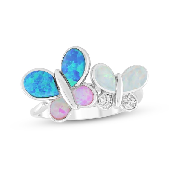 Pink, White & Blue-Green Lab-Created Opal, White Lab-Created Sapphire Butterflies Ring Sterling Silver