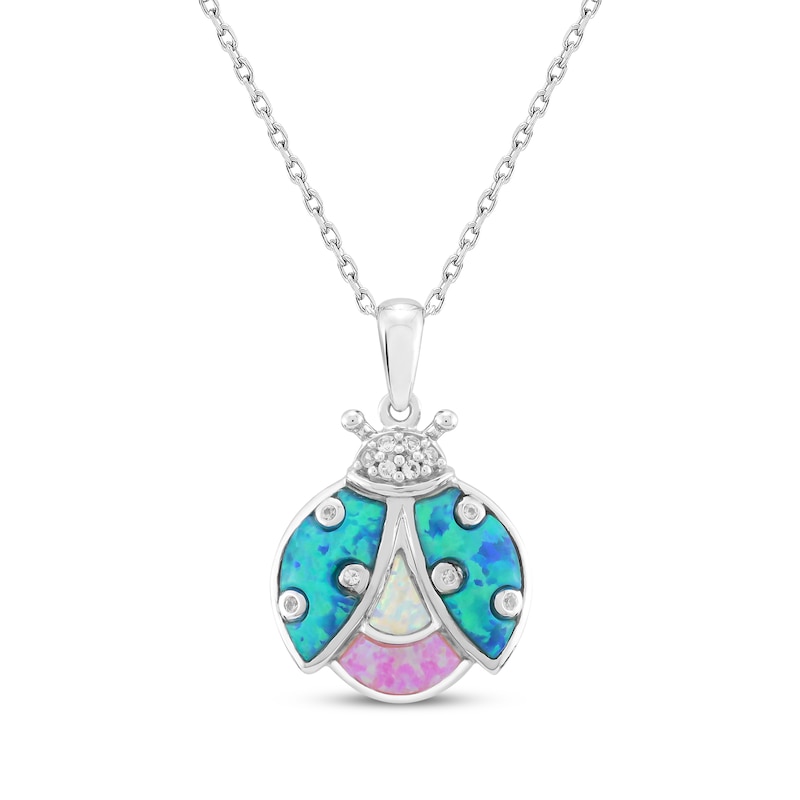 Main Image 1 of Blue-Green, White & Pink Lab-Created Opal, White Lab-Created Sapphire Ladybug Necklace Sterling Silver 18&quot;