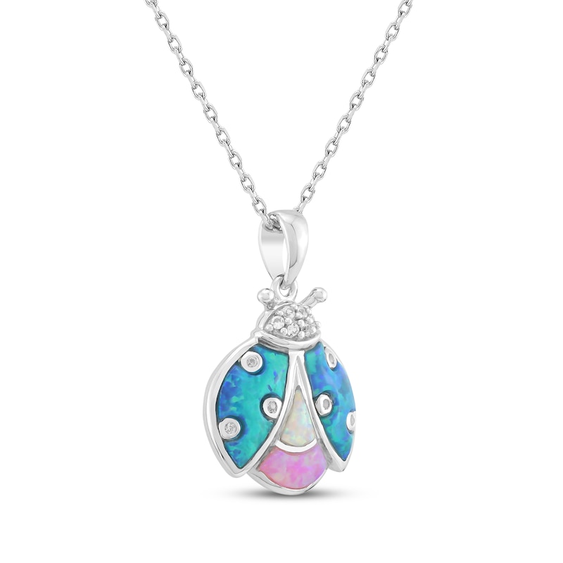 Main Image 2 of Blue-Green, White & Pink Lab-Created Opal, White Lab-Created Sapphire Ladybug Necklace Sterling Silver 18&quot;