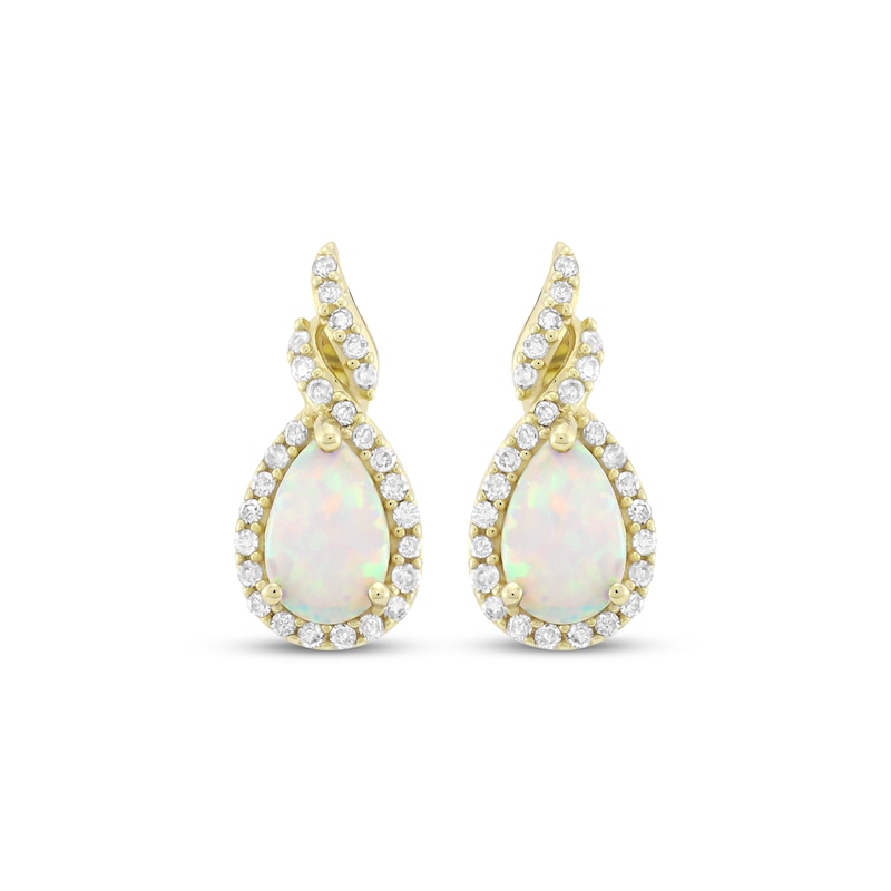 Main Image 2 of Pear-Shaped Lab-Created Opal & Diamond Earrings 1/6 ct tw 10K Yellow Gold