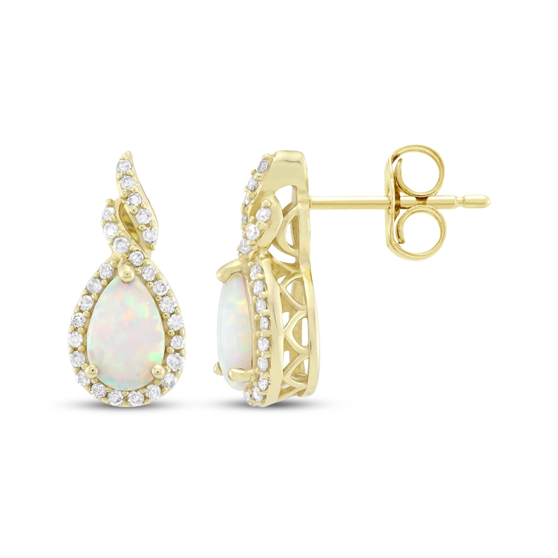 Main Image 3 of Pear-Shaped Lab-Created Opal & Diamond Earrings 1/6 ct tw 10K Yellow Gold