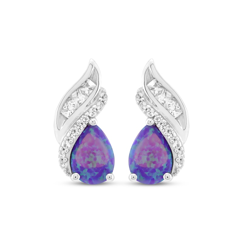 Main Image 2 of Pear-Shaped Lavender Lab-Created Opal & White Lab-Created Sapphire Flame Earrings Sterling Silver