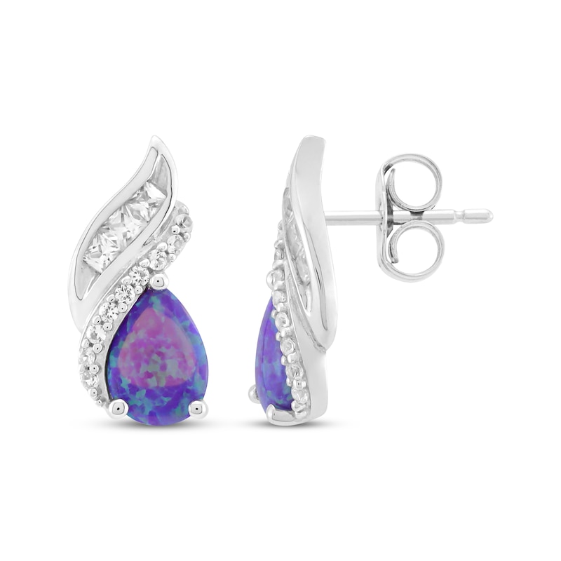 Main Image 3 of Pear-Shaped Lavender Lab-Created Opal & White Lab-Created Sapphire Flame Earrings Sterling Silver