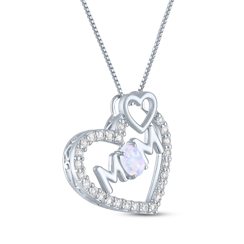 Oval-Cut Lab-Created Opal & White Lab-Created Sapphire Tilted Heart "Mom" Necklace Sterling Silver 18"