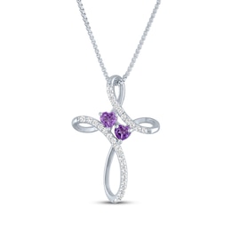 Heart-Shaped Amethyst & White Lab-Created Sapphire Cross Necklace Sterling Silver 18&quot;