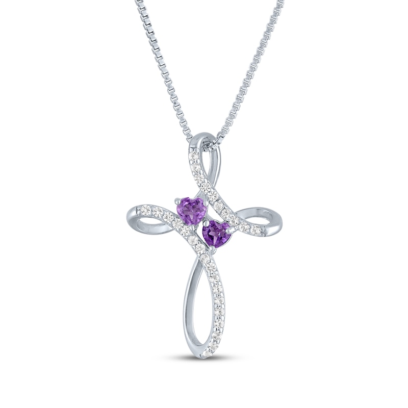 Main Image 1 of Heart-Shaped Amethyst & White Lab-Created Sapphire Cross Necklace Sterling Silver 18&quot;