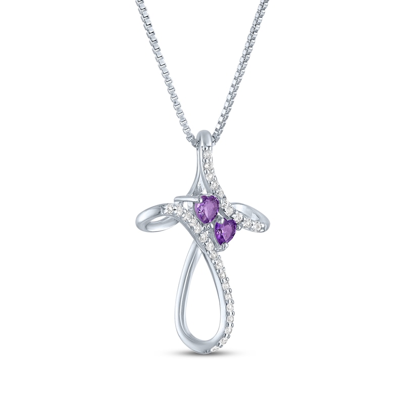 Main Image 2 of Heart-Shaped Amethyst & White Lab-Created Sapphire Cross Necklace Sterling Silver 18&quot;