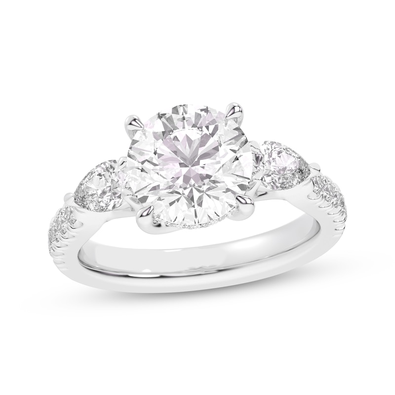 Main Image 1 of Memories Moments Magic Round-Cut Lab-Grown diamond Hidden Halo Three-Stone Engagement Ring 3-3/4 ct tw 14K White Gold