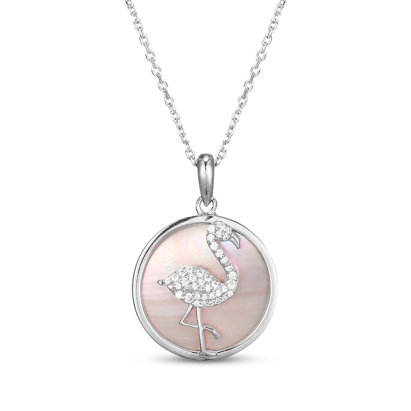 Main Image 1 of Pink Mother-of-Pearl & White Lab-Created Sapphire Flamingo Necklace Sterling Silver 18&quot;