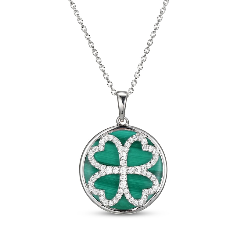 Main Image 1 of Malachite & White Lab-Created Sapphire Clover Circle Necklace Sterling Silver 18&quot;