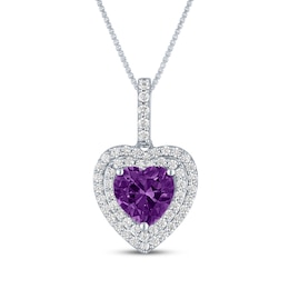 Heart-Shaped Amethyst & White Lab-Created Sapphire Necklace Sterling Silver 18&quot;