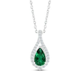 Pear-Shaped Lab-Created Emerald & White Lab-Created Sapphire Twist Frame Necklace Sterling Silver 18&quot;