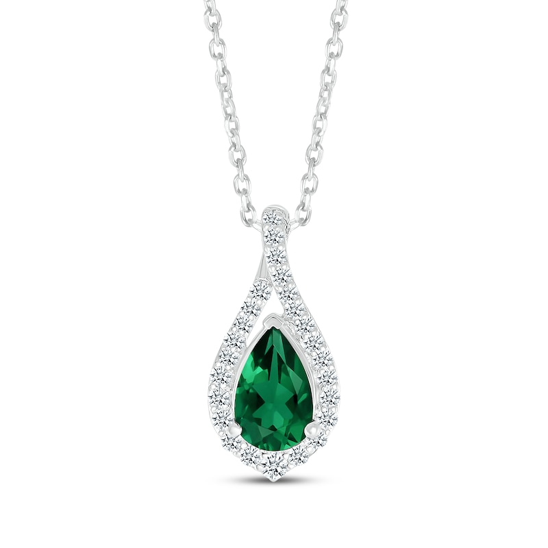 Main Image 1 of Pear-Shaped Lab-Created Emerald & White Lab-Created Sapphire Twist Frame Necklace Sterling Silver 18&quot;