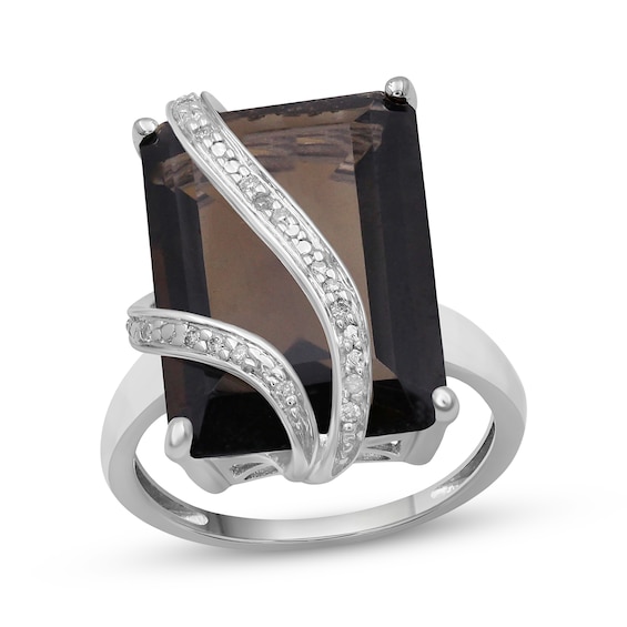 Emerald-Cut Smoky Quartz & Diamond Crossover Ring 1/20 ct tw Sterling Silver