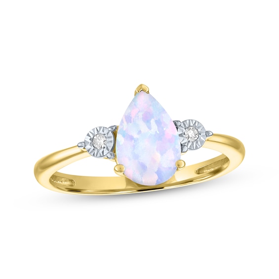 Pear-Shaped Lab-Created Opal & Diamond Accent Ring 10K Yellow Gold