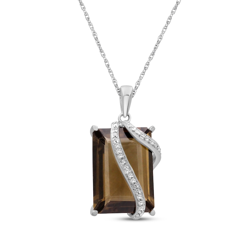 Emerald-Cut Smoky Quartz & Diamond Crossover Necklace 1/20 ct tw Sterling Silver 18"