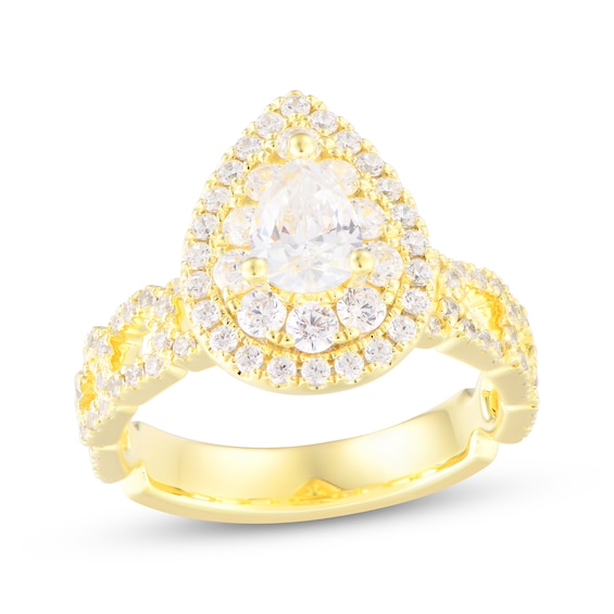 Pear-Shaped Diamond Double Halo Engagement Ring 1-1/2 ct tw 14K Yellow Gold