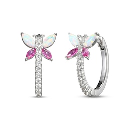 Lab-Created Opal, Pink & White Lab-Created Sapphire Dragonfly Hoop Earrings Sterling Silver