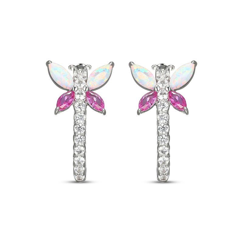 Lab-Created Opal, Pink & White Lab-Created Sapphire Dragonfly Hoop Earrings Sterling Silver