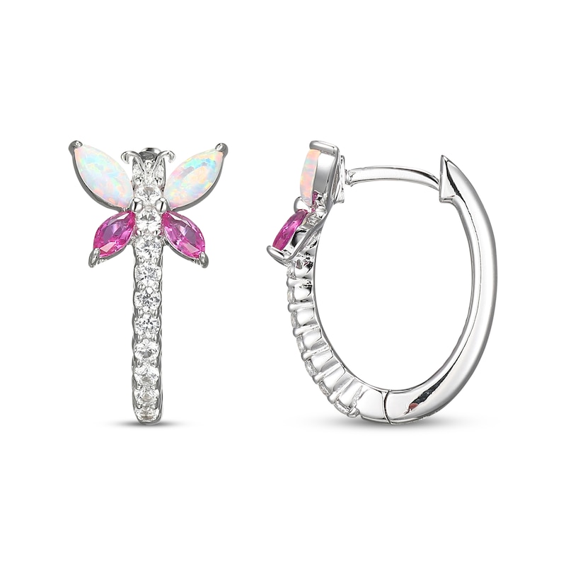 Lab-Created Opal, Pink & White Lab-Created Sapphire Dragonfly Hoop Earrings Sterling Silver