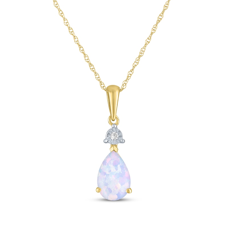 Main Image 1 of Pear-Shaped Lab-Created Opal & Diamond Accent Necklace 10K Yellow Gold 18&quot;