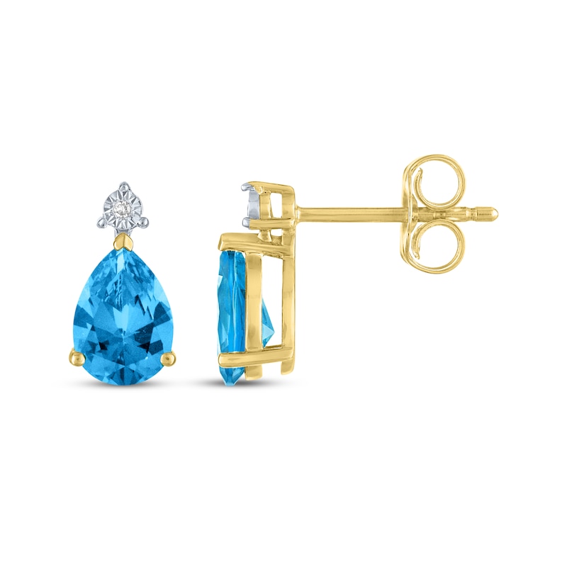 Main Image 3 of Pear-Shaped Swiss Blue Topaz & Diamond Accent Earrings 10K Yellow Gold