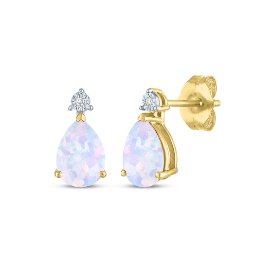 Pear-Shaped Lab-Created Opal & Diamond Accent Earrings 10K Yellow Gold