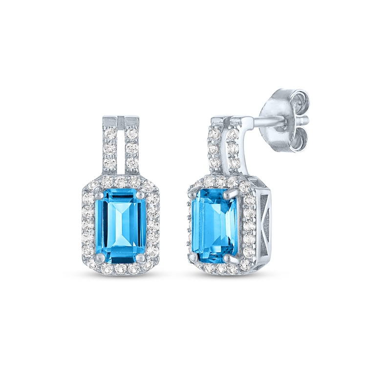 Main Image 1 of Emerald-Cut Swiss Blue Topaz & White Lab-Created Sapphire Halo Drop Earrings Sterling Silver