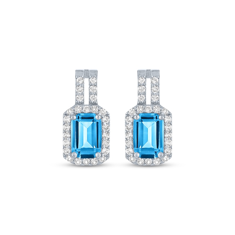 Main Image 2 of Emerald-Cut Swiss Blue Topaz & White Lab-Created Sapphire Halo Drop Earrings Sterling Silver