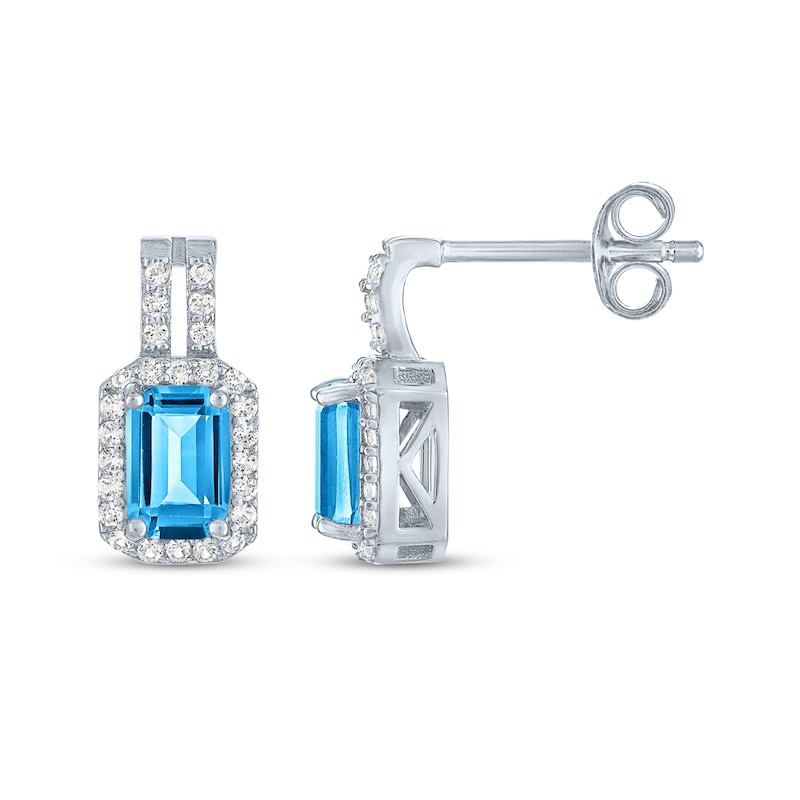 Main Image 3 of Emerald-Cut Swiss Blue Topaz & White Lab-Created Sapphire Halo Drop Earrings Sterling Silver