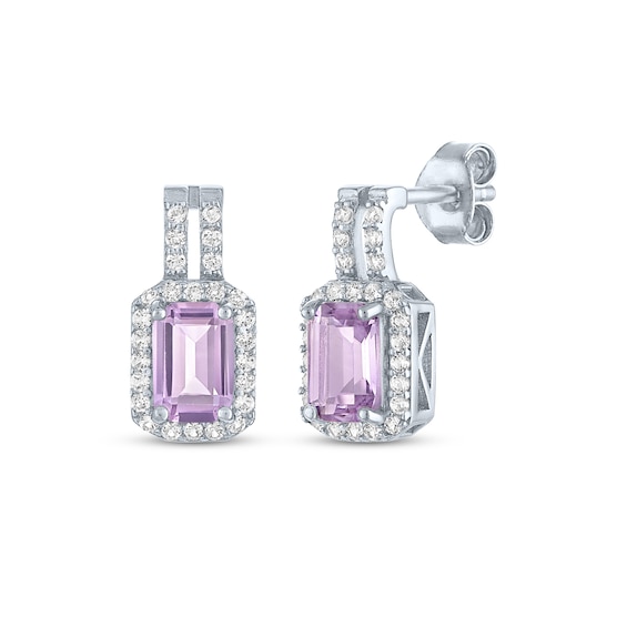 Emerald-Cut Light Amethyst & White Lab-Created Sapphire Halo Drop Earrings Sterling Silver