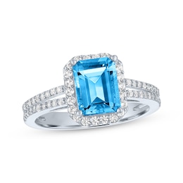 Emerald-Cut Swiss Blue Topaz & White Lab-Created Sapphire Halo Ring Sterling Silver