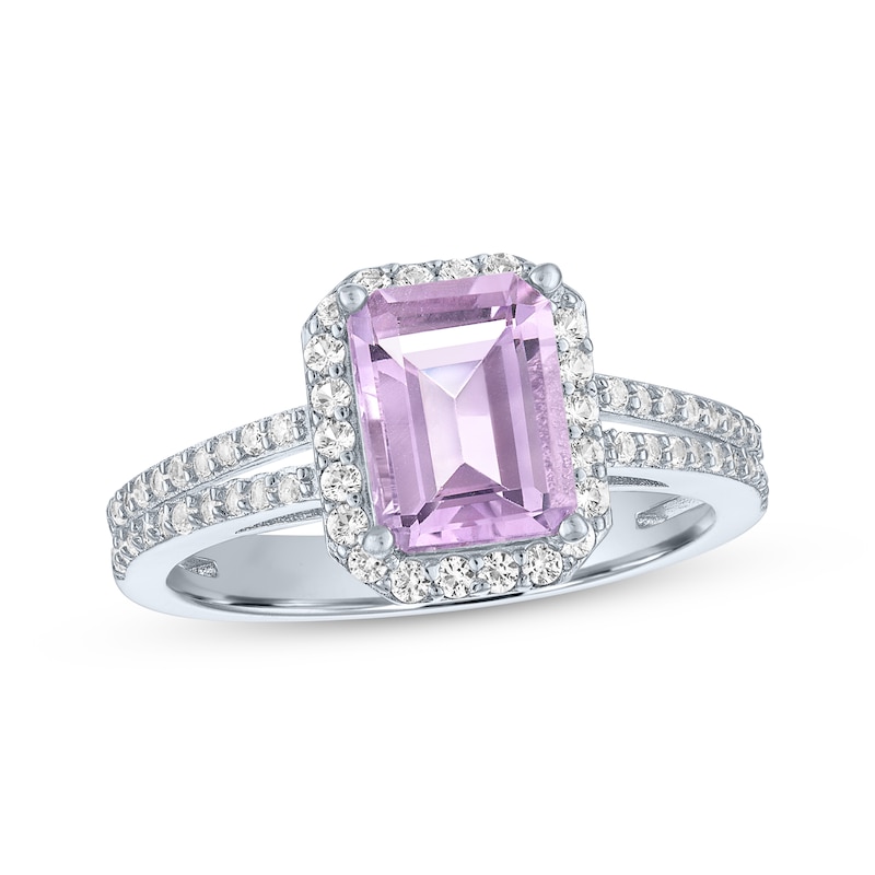 Main Image 1 of Emerald-Cut Light Amethyst & White Lab-Created Sapphire Halo Ring Sterling Silver