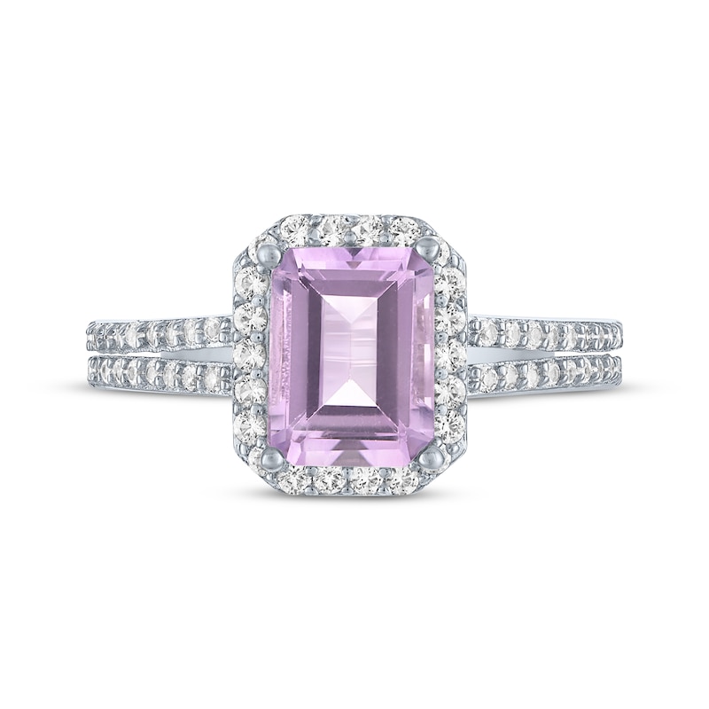 Main Image 3 of Emerald-Cut Light Amethyst & White Lab-Created Sapphire Halo Ring Sterling Silver