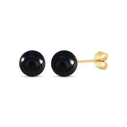 Black Onyx Bead Stud Earrings 7mm 14K Yellow Gold