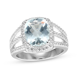 Cushion-Cut Aquamarine & White Lab-Created Sapphire Ring Sterling Silver