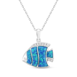 Lab-Created Opal & White Lab-Created Sapphire Fish Necklace Sterling Silver 18&quot;