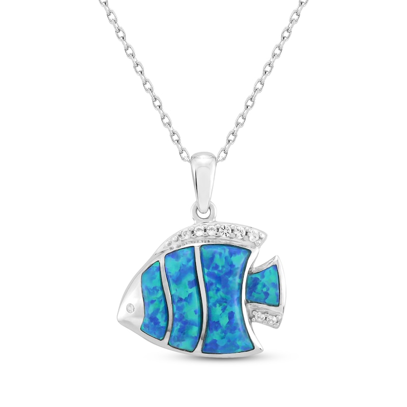 Main Image 1 of Lab-Created Opal & White Lab-Created Sapphire Fish Necklace Sterling Silver 18&quot;