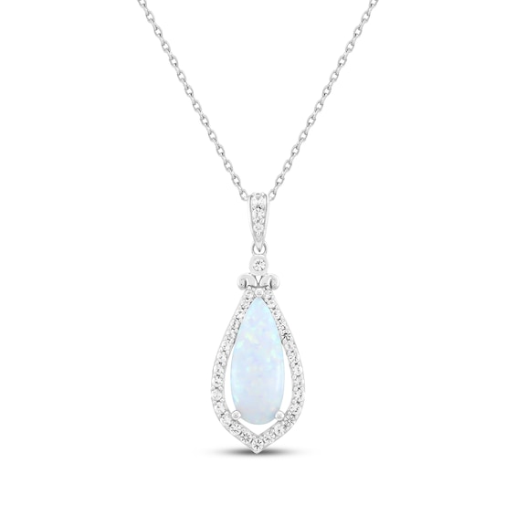Pear-Shaped Lab-Created Opal & White Lab-Created Sapphire Necklace Sterling Silver 18"