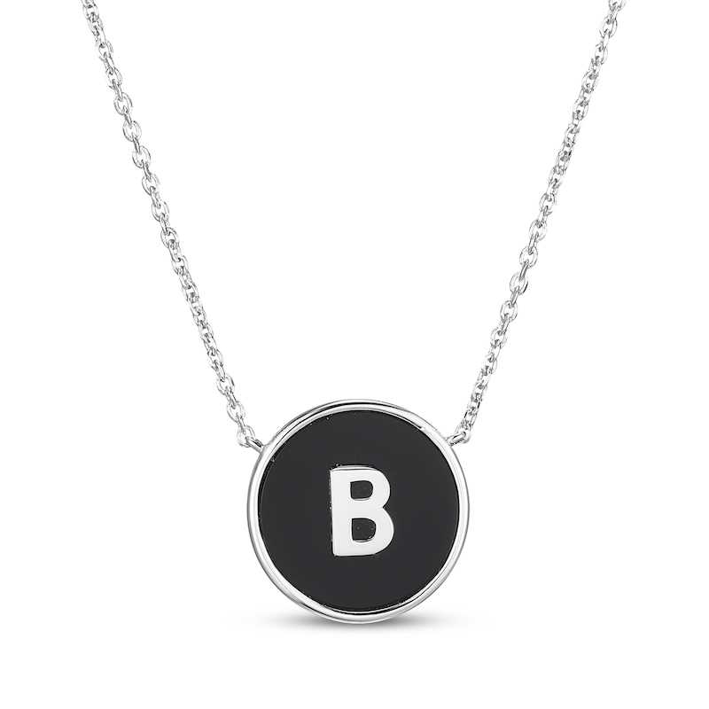 Main Image 1 of Black Agate Letter B Initial Disc Necklace Sterling Silver 18&quot;